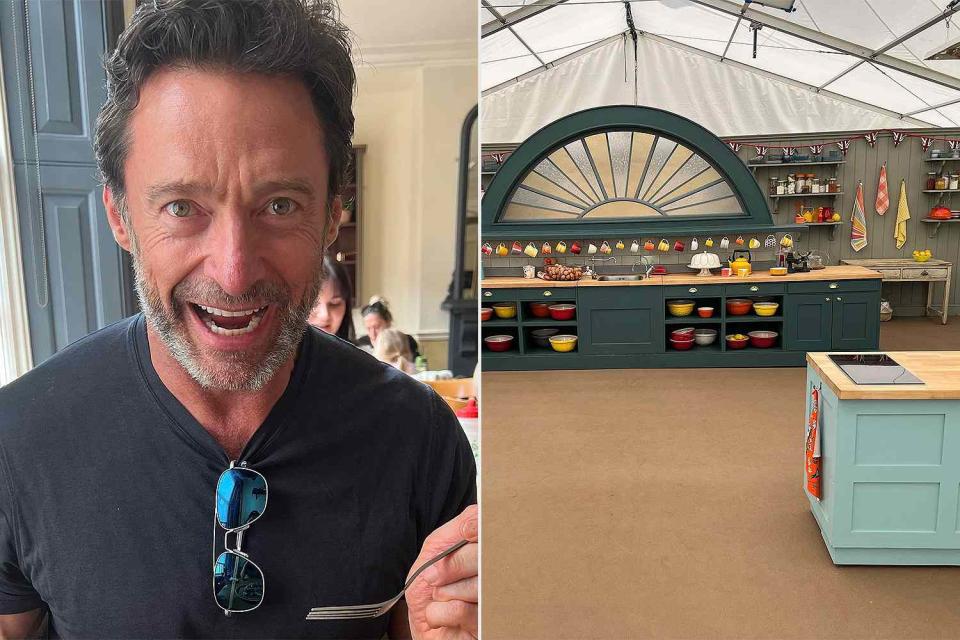 <p>Hugh Jackman/Instagram</p> Hugh Jackman hints at an appearance on The Great British Baking Show by posting set photo (right) on Instagram.