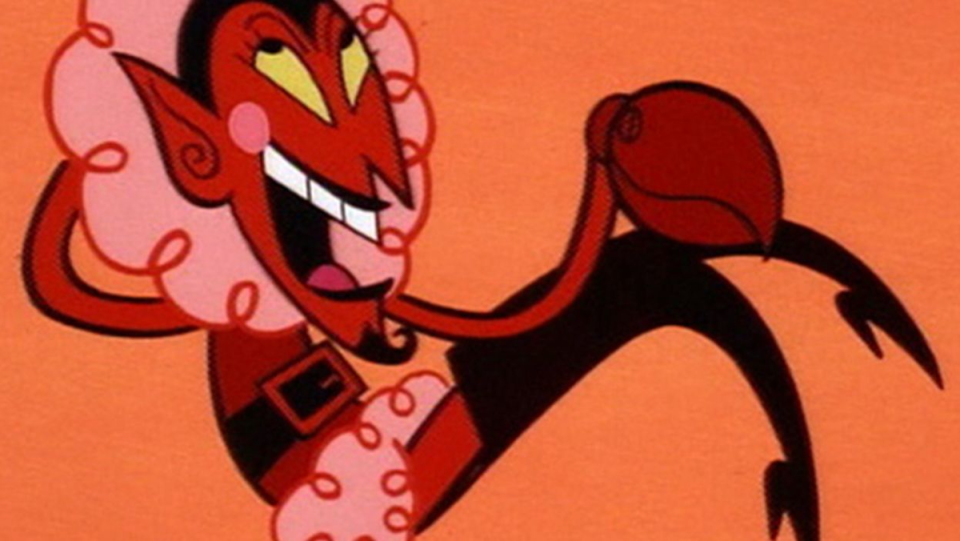 The Powerpuff Girls villain HIM, a devil-like creature, lounges in a void in a Santa-esque outfit with thigh-high heels..