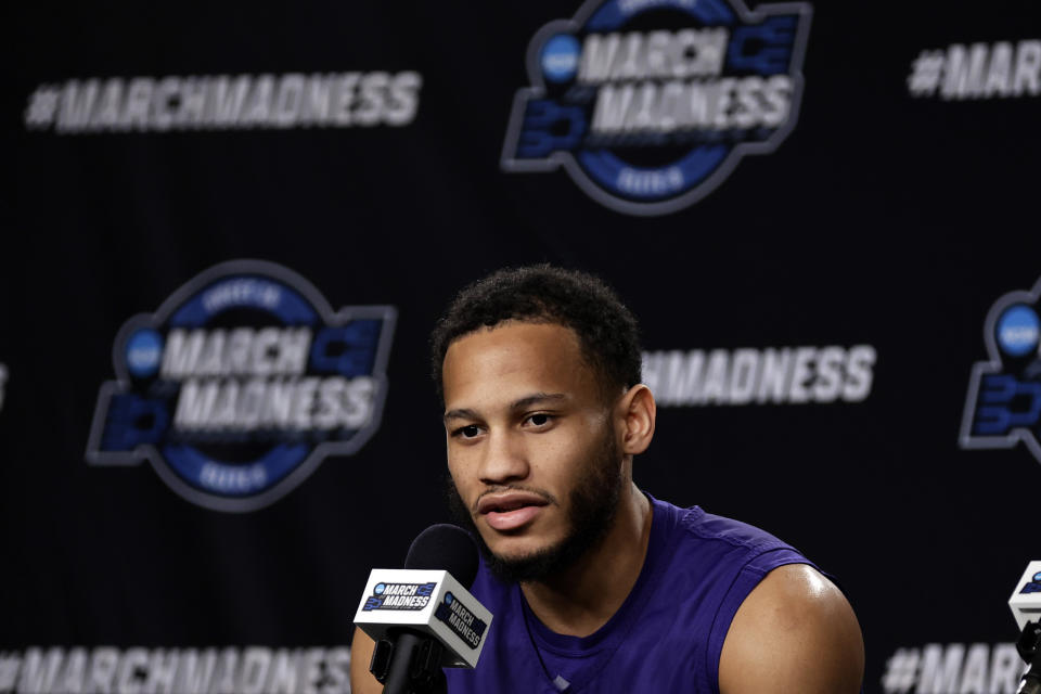 Kansas State guard Markquis Nowell speaks to the media before practice for a Sweet 16 college basketball game at the NCAA East Regional of the NCAA Tournament, Wednesday, March 22, 2023, in New York. (AP Photo/Adam Hunger)