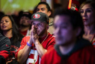 San Francisco 49ers fans watch the San Francisco 49ers play the Kansas City Chiefs during a Super Bowl LIV watch party at SPIN San Francisco on February 2, 2020 in San Francisco, California. The San Francisco 49ers faced the Kansas City Chiefs in Super Bowl LIV for their seventh appearance at the NFL championship, leading the game into half time and losing after 21 unanswered points in the second half of the game. (Photo by Philip Pacheco/Getty Images)