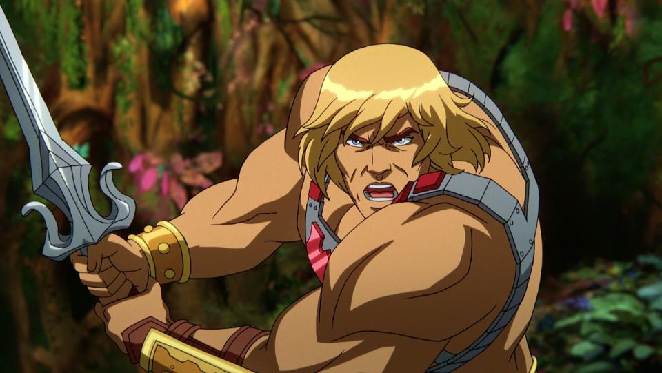 He-Man looks on angrily while wielding a sword in a still from Masters of the Universe: Revelation.