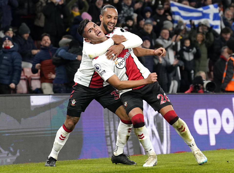 Southampton's Carlos Alcaraz (right) celebrates scoring their side's first goal of the game with Theo Walcott during the Premier League match at St. Mary's Stadium, Southampton. Picture date: Saturday March 4, 2023. (Photo by Andrew Matthews/PA Images via Getty Images)