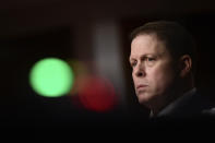 Former U.S. Capitol Police Chief Steven Sund testifies before a Senate Homeland Security and Governmental Affairs & Senate Rules and Administration joint hearing on Capitol Hill, Washington, Tuesday, Feb. 23, 2021, to examine the January 6th attack on the Capitol. (Erin Scott/The New York Times via AP, Pool)