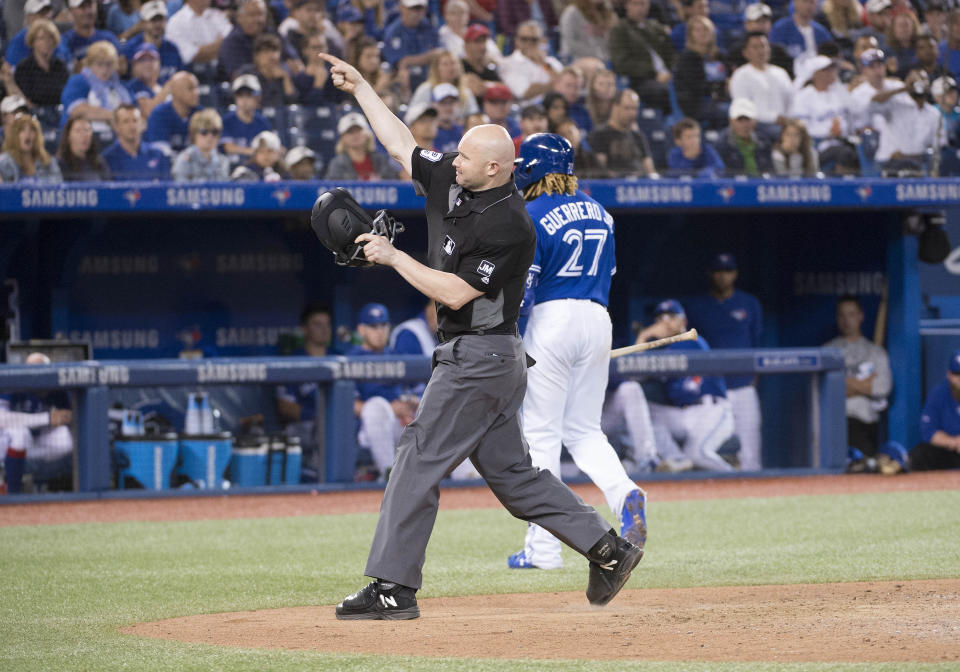 Aug 30, 2019; Toronto, Ontario, CAN; Toronto Blue Jays third baseman Vladimir Guerrero Jr. (27) is ejected by the home plate umpire during the seventh inning against the Houston Astros  at Rogers Centre. Mandatory Credit: Nick Turchiaro-USA TODAY Sports