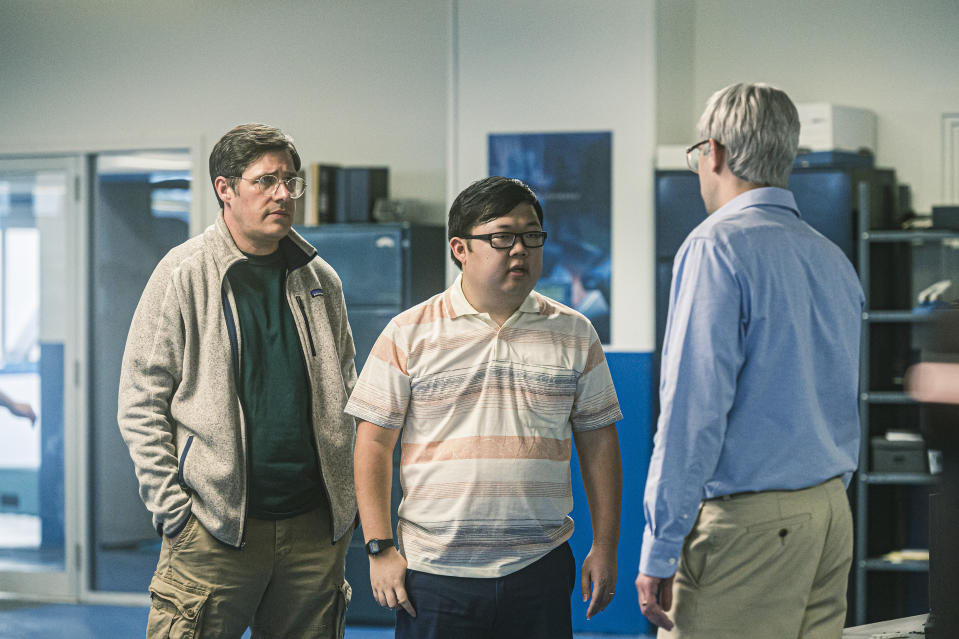 This image released by IFC Films shows, from left, Rich Sommer, SungWon Cho and Jay Baruchel in a scene from "BlackBerry." (IFC Films via AP)