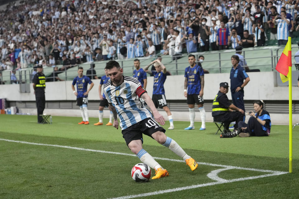 Argentina's Lionel Messi controls the ball during his friendly soccer match against Australia at the Workers' Stadium in Beijing, China, Thursday, June 15, 2023. (AP Photo/Andy Wong)