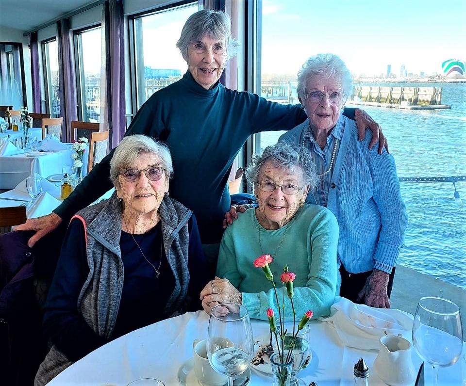 Gay Carbonneau, bottom right, celebrated her 94th birthday March 3. The retired Quincy music teacher was treated to a birthday luncheon at the Venezia Restaurant in Neponset by her good friends and neighbors in Houghs Neck: Peg O'Connor, bottom left, 91; Lois Murphy, top right, 91; and Norma Jane Langford, who will be 90 in June, top left.