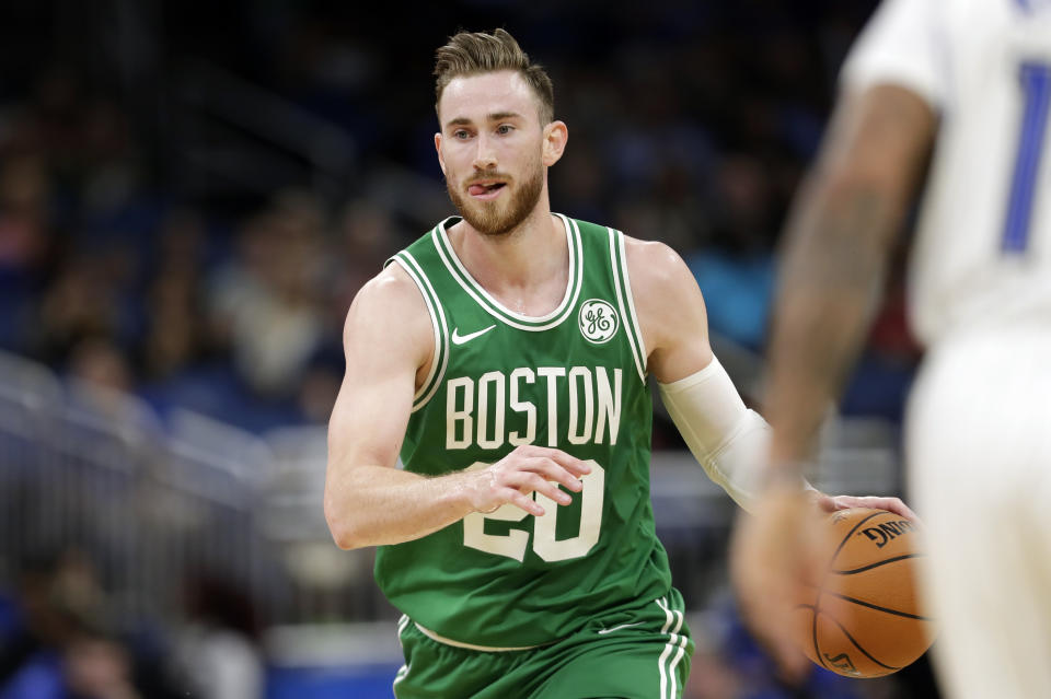 Boston Celtics' Gordon Hayward (20) moves the ball against the Orlando Magic during the second half of an NBA preseason basketball game, Friday, Oct. 11, 2019, in Orlando, Fla. (AP Photo/John Raoux)