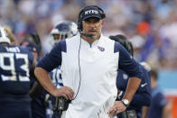 Tennessee Titans head coach Mike Vrabel watches during the second half of an NFL football game against the New York Giants Sunday, Sept. 11, 2022, in Nashville. (AP Photo/Mark Humphrey)