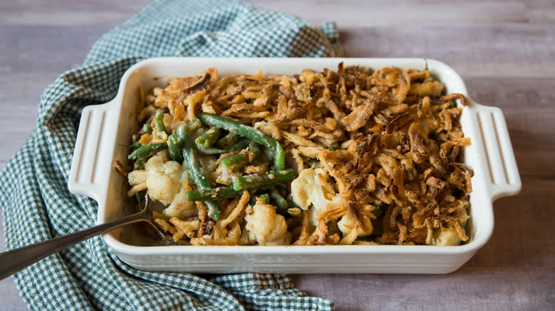 green bean casserole in dish 