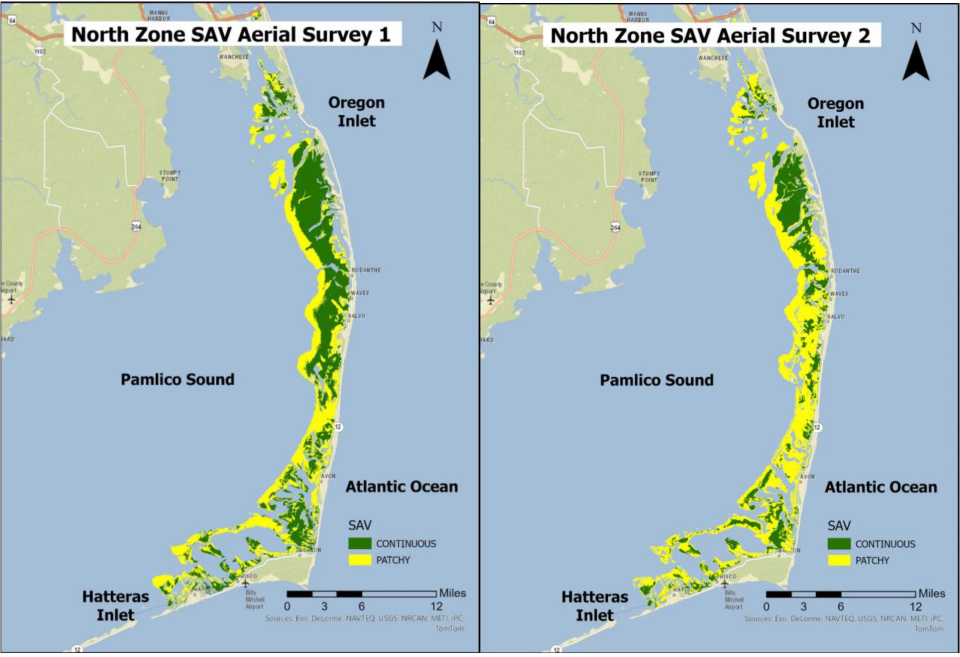 A map showing seagrass declines along the central Outer Banks, with the survey on the left from 2006-07 and the one on the right from 2013.