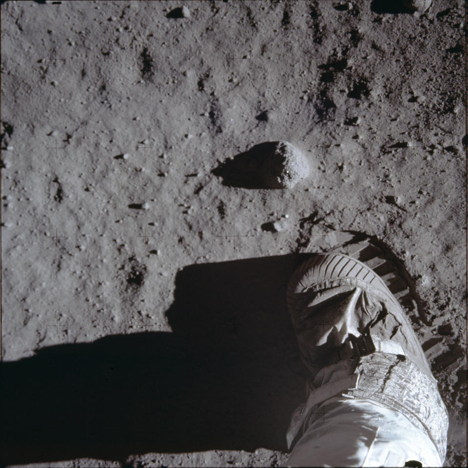 This July 20, 1969 photo made available by NASA shows Buzz Aldrins boot and bootprint during a test of the lunar soil during the Apollo 11 extravehicular activity. (Buzz Aldrin/NASA via AP)