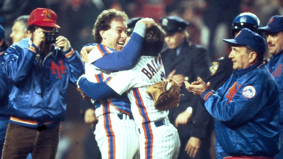 Mets Gary Carter jumps into the arms of Wally Backman after the Mets defeated the Boston Red Sox in Game 7 to win the World Series at Shea Stadium Oct. 27, 1986