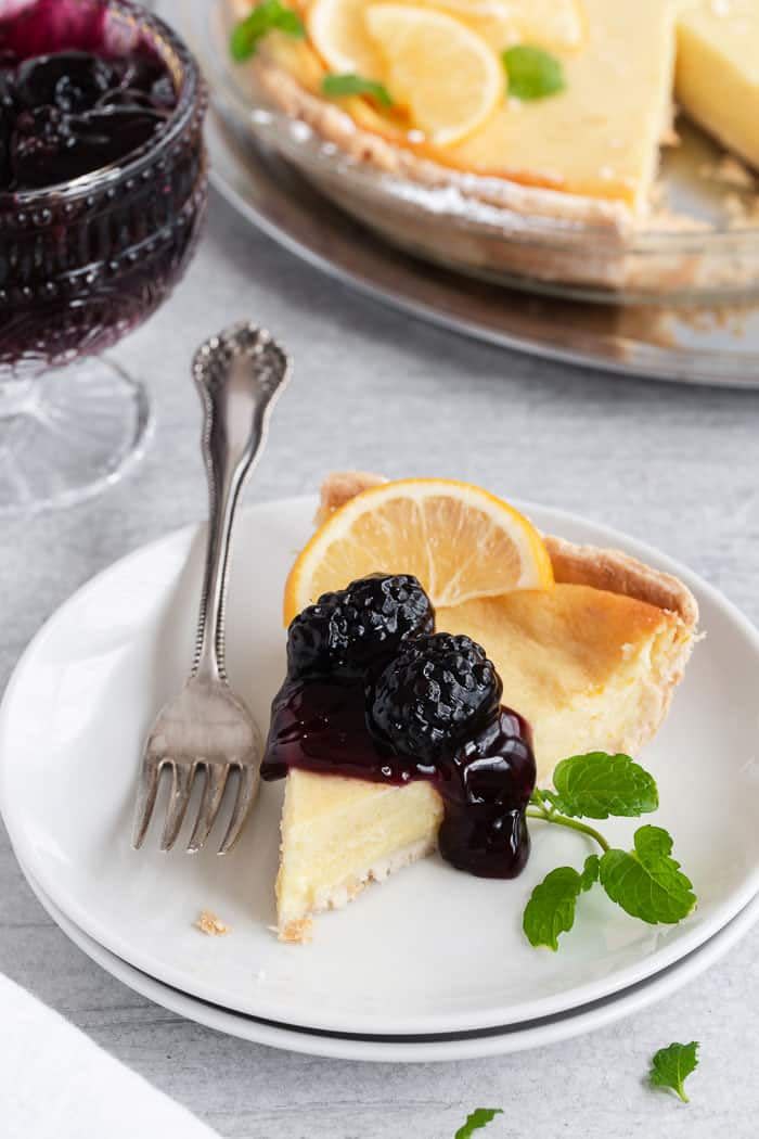 Meyer Lemon Buttermilk Pie with Blackberry Compote