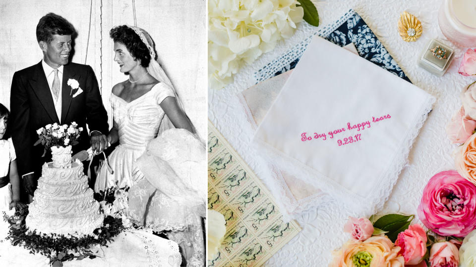 <p>Brides and grooms used to carry handkerchiefs (like the one in John F. Kennedy's pocket, at left) to catch tears of joy<span>. Your grandma probably passed down the very hanky she used on her wedding day. <span>Wrap it around your bouquet, or order some that are personalized (such as the ones on the right) from <a rel="nofollow noopener" href="http://www.thehandkerchiefshop.com/" target="_blank" data-ylk="slk:The Handkerchief Shop;elm:context_link;itc:0;sec:content-canvas" class="link ">The Handkerchief Shop</a>)<span> to give to your bridal party.</span></span></span></p>