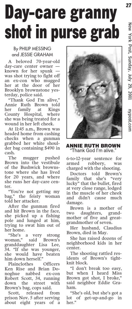 The story on Annie Brown’s shooting in the July 29, 2001, edition of The Post. New York Post archives