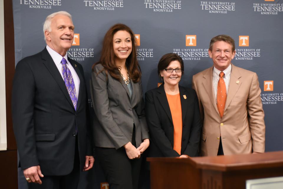 Knox County Schools Superintendent Bob Thomas; Tennessee Education Commissioner Penny Schwinn; University of Tennessee Dean of the College of Education, Health, and Human Sciences Ellen McIntyre; and University of Tennessee President Randy Boyd announce the Grow Your Own partnership between the University of Tennessee and Knox County Schools in 2020.