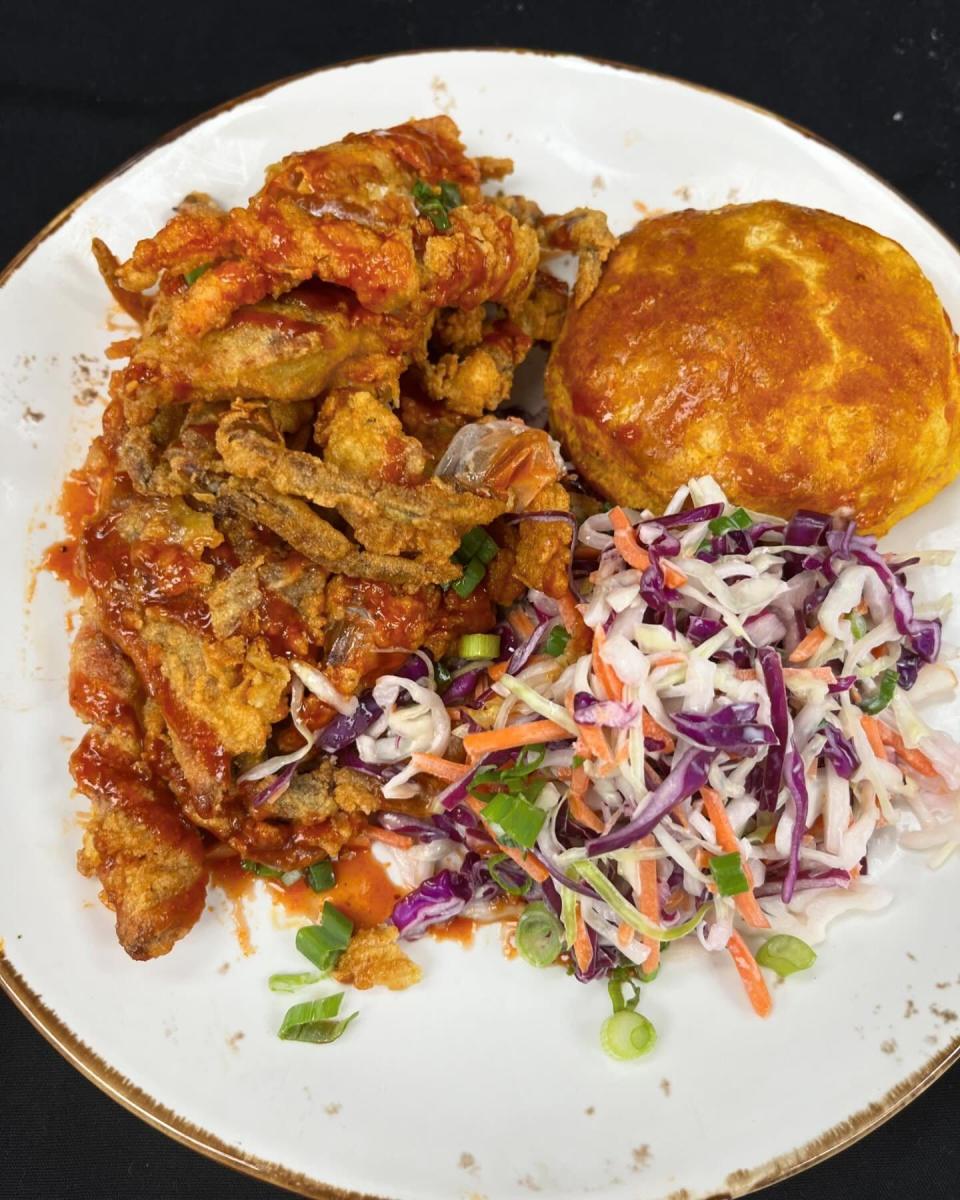 This dish with jumbo soft-shell crabs, apple cider slaw, sweet potato biscuit and a Cheerwine BBQ sauce was a recent special at King Neptune restaurant in Wrightsville Beach. N.C.