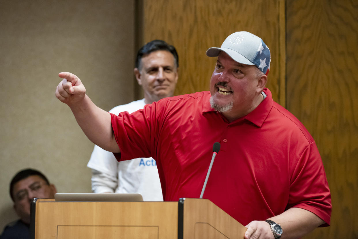 Image: Scott Western during the “Public Comment” portion of  a Grapevine-Colleyville Independent School District school board meeting in Grapevine, Texas on Aug. 22, 2022. (Emil T. Lippe for NBC News)