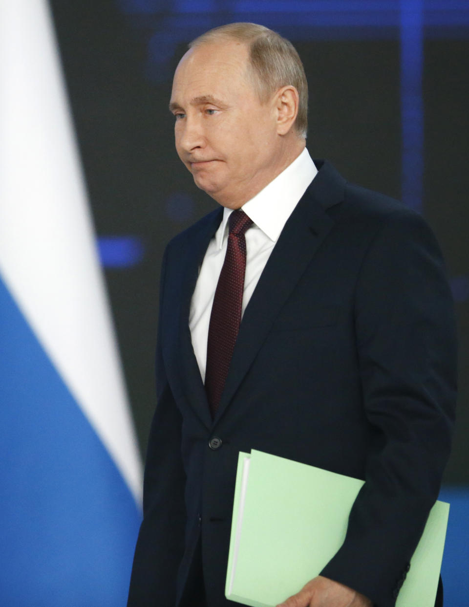 Russian President Vladimir Putin walks to deliver a state-of-the-nation address in Moscow, Russia, Wednesday, Feb. 20, 2019. (AP Photo/Alexander Zemlianichenko)