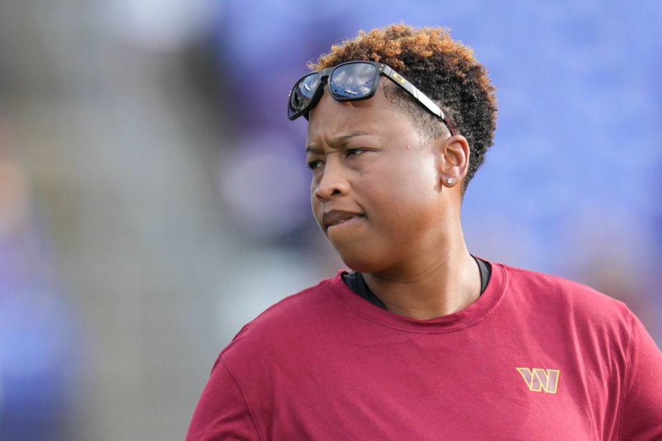 Aug 27, 2022; Baltimore, Maryland, USA; Washington Commanders assistant coach Jennifer King stands on the field before the game against the Baltimore Ravens  at M&T Bank Stadium. Mandatory Credit: Jessica Rapfogel-USA TODAY Sports