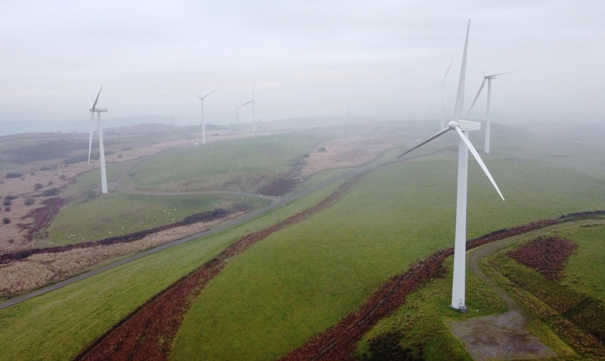 Wind turbines are seen at Mynydd Portref Wind Farm near Hendreforgan in South Wales, Britain, November 15, 2021. Picture taken with a drone. REUTERS/Matthew Childs