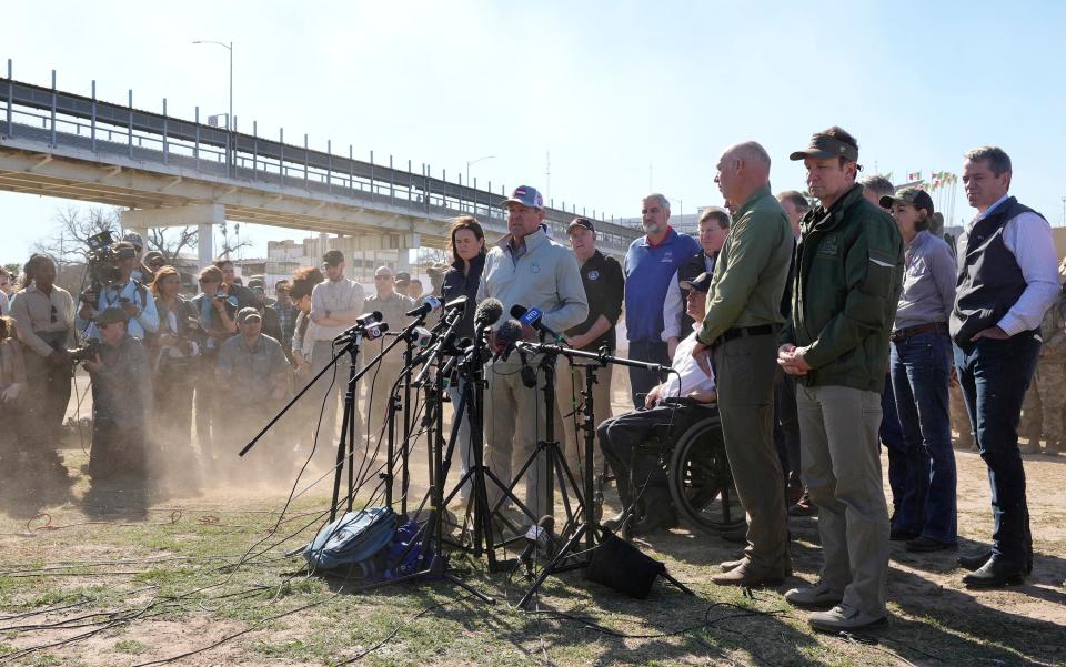 Several state governors speak at a press conference about border policies in Shelby Park in Eagle Pass on Sunday February 4, 2024.