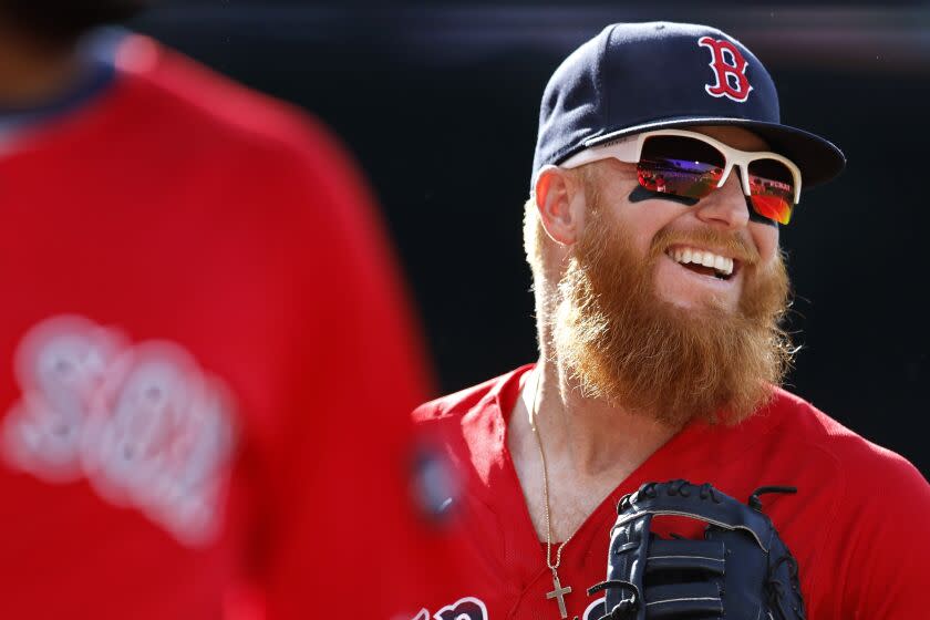 Boston Red Sox&#39;s Justin Turner during the third inning of a baseball game against the St. Louis Cardinals, Saturday, May 13, 2023, in Boston. (AP Photo/Michael Dwyer)