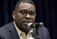 Indiana State University Director of Athletics Sherard Clinkscales speaks during a news conference, Monday, Aug. 22, 2022, on campus in Terre Haute, Ind., about how the women's soccer team decided to cancel their match the day before after they learned that fellow students had died in an auto accident earlier in the day. (Joseph C. Garza/The Tribune-Star via AP)