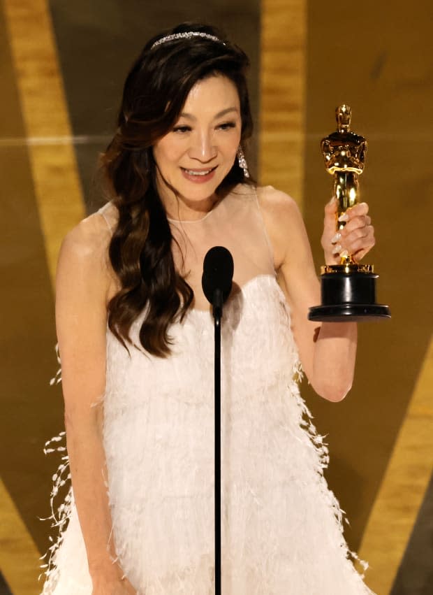Michelle Yeoh accepts the Best Actress award for "Everything Everywhere All at Once" onstage during the 95th Annual Academy Awards at Dolby Theatre on March 12, 2023, in Hollywood.<p><a href="https://www.gettyimages.com/detail/1473103997" rel="nofollow noopener" target="_blank" data-ylk="slk:Kevin Winter/Getty Images;elm:context_link;itc:0;sec:content-canvas" class="link ">Kevin Winter/Getty Images</a></p>