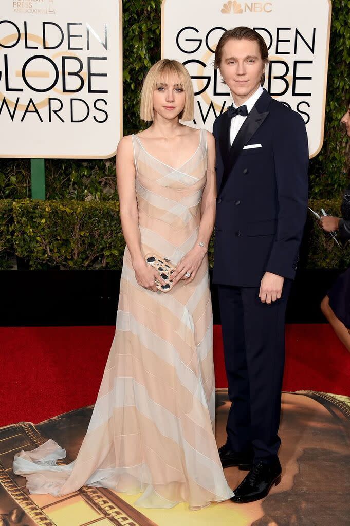 <p>Winning the award for cutest couple of the night, Paul Dano, nominated for <i>Love and Mercy</i>, and Zoe Kazan, in a blush striped gown and Sia-inspired hair, dressed like they were coming from a cool wedding in Williamsburg. </p>