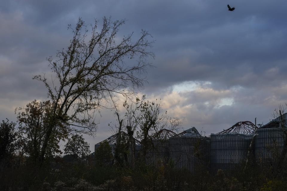 Grain elevators damaged by a December 2021 tornado are seen, Thursday, Nov. 9, 2023, at Mayfield Grain in Mayfield, Ky. Many local farmers relied on these grain elevators to store their harvested crops. (AP Photo/Joshua A. Bickel)