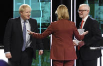 In this photo issued by ITV, showing Boris Johnson, left, and Jeremy Corbyn, right, with TV debate adjudicator Julie Etchingham, following their election head-to-head debate live on TV, in Salford, Manchester, England, Tuesday, Nov. 19, 2019. Prime Minister Boris Johnson and Jeremy Corbyn are set to go head-to-head in their first live televised debate Tuesday evening, as the UK prepares for a General Election on Dec. 12. (ITV via AP)