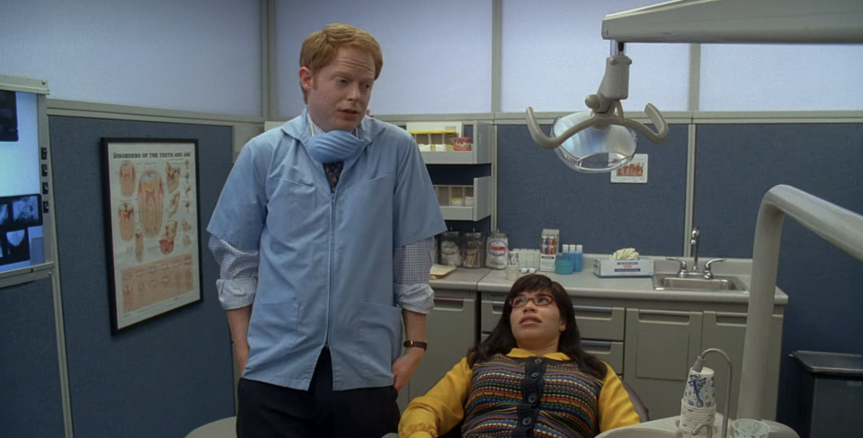 Betty in the orthodontist chair with Dr. Farkas