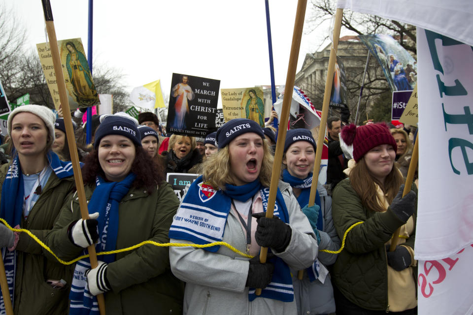 Anti-abortion activists march towards the U.S. Supreme Court, during the March for Life in Washington, Friday, Jan. 18, 2019. (AP Photo/Jose Luis Magana)