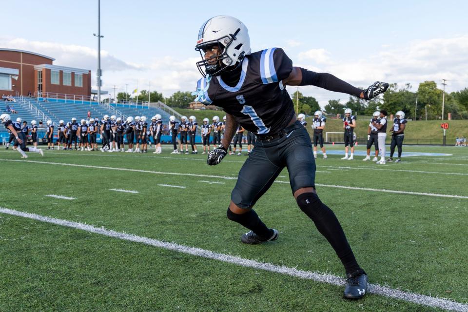 Saint Joseph's Daeh McCullough (1) during pregame of the South Bend Adams-South Bend Saint Joseph high school football game on Friday, September 09, 2022, at Father Bly Field in South Bend, Indiana.