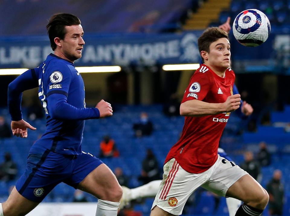Chelsea’s Ben Chilwell and United’s Dan James compete for the ball (IKIMAGES/AFP via Getty Images)