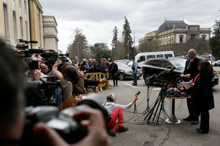 Syrian Ambassador to the U.N. Bashar al Jaafari addresses the media outside of the United Nations office in Geneva, Switzerland, February 24, 2017. REUTERS/Pierre Albouy