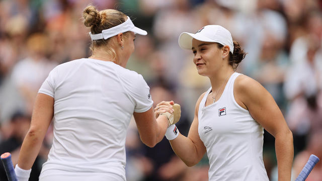 Ash Barty, pictured here shaking hands with Anna Blinkova after their Wimbledon match.