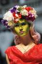 A model wears a design from the Vivienne Westwood Red Label Spring/Summer 2013 collection during London Fashion Week, Sunday, Sept. 16, 2012. (AP Photo/Jonathan Short)