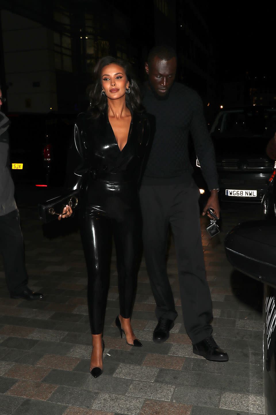 london, england november 23 maya jama and stormzy seen attending british vogues 2023 forces for change party at the maine mayfair on november 23, 2023 in london, england photo by neil mockford ricky vigil mgc images