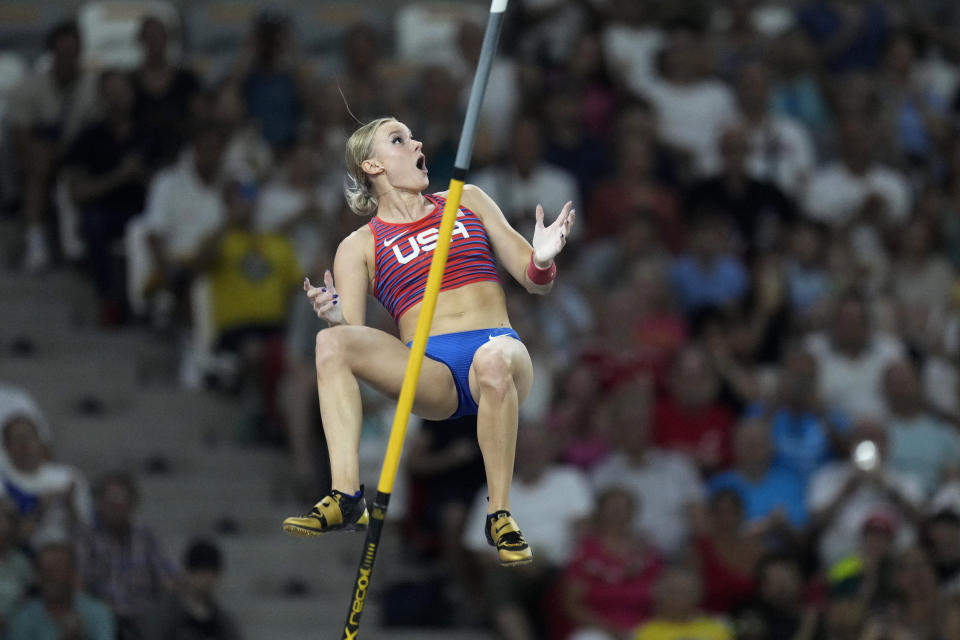 Katie Moon, of the United States, reacts after clearing the bar in an attempt in the Women's pole vault final during the World Athletics Championships in Budapest, Hungary, Wednesday, Aug. 23, 2023. (AP Photo/Bernat Armangue)