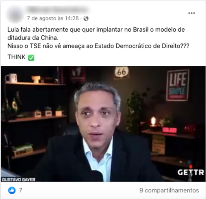 Captura de tela de uma publicação afirmando que Lula teria supostamente dito em entrevista a jornal chinês que pretende implantar ditadura no Brasil (Foto: Facebook / Reprodução)  