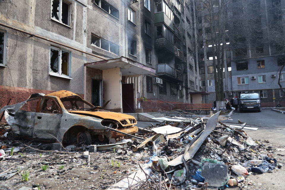 MARIUPOL, UKRAINE - APRIL 09: A view of destroyed buildings and a vehicle during ongoing conflicts in the city of Mariupol under the control of the Russian military and pro-Russian separatists, on April 09, 2022. (Photo by Leon Klein/Anadolu Agency via Getty Images)