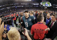 <p>Philadelphia Eagles quarterback Nick Foles (9) walks on the field after winning the NFL Super Bowl 52 football game against the New England Patriots, Sunday, Feb. 4, 2018, in Minneapolis. The Eagles won 41-33. (AP Photo/Frank Franklin II) </p>