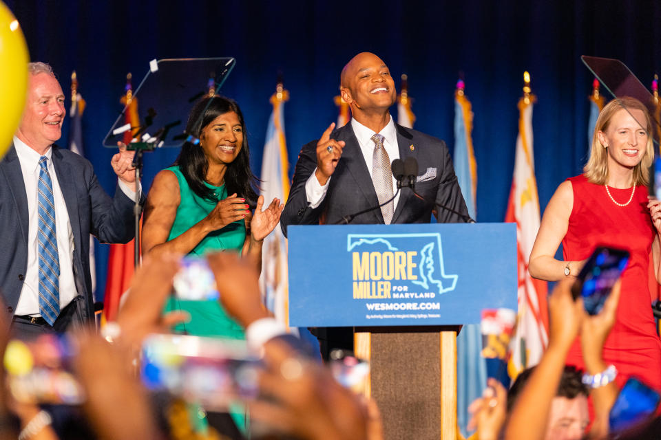 BALTIMORE, MD - NOVEMBER 8: Maryland Democratic Governor-elect Wes Moore and Lieutenant Governor-elect Aruna Miller celebrate during an Election Night party for Maryland Democrats at The Baltimore Marriott Waterfront in Baltimore, Maryland on November 8, 2022. Americans vote in midterm elections citing concerns around inflation, crime, abortion, and the future of democracy itself. (Photo by Eric Lee for The Washington Post via Getty Images)