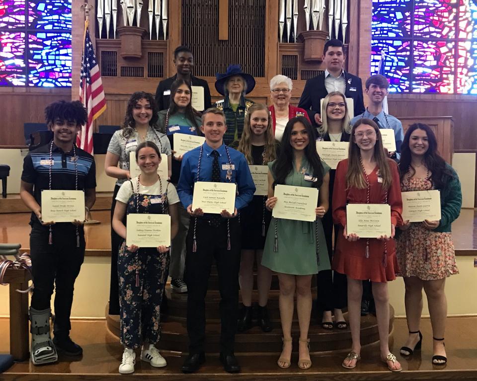 Esther McCrory Chapter in Amarillo, National Society of Daughters of the American Revolution
2023 DAR Good Citizen Awards presented at Saint Paul Methodist Church on Feb. 6. Front row, from left: Isaiah Brown, Boys Ranch HS; Sidney Perkins, Randall HS; Cash Kanally, West
Plains HS; Mia Crawford, Ascension Academy; Ella McCown, Amarillo HS; Maison Guerra, Canyon HS. Second row: Anna Monroe, Holy Cross Catholic Academy; Emily Carlson, Vega HS; Harleigh Garrett, Bushland HS. Third row: Mercedes Harton, Highland Park HS; Ann Schoen, Chapter Regent; Jeanne Ann Gibson, Chapter Vice Regent and Good Citizen Chair; Derek Clark, San Jacinto Christian Academy. Back row: Cecilia Udoh, Palo Duro HS; Diego Vega, Claude HS.