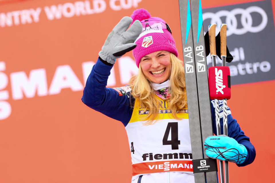 <p>Jessica Diggins of USA takes 3rd place during the FIS Nordic World Cup Women’s CC 9 km F Tour de ski on January 7, 2018 in Val di Fiemme, Italy. (Photo by Laurent Salino/Agence Zoom/Getty Images) </p>