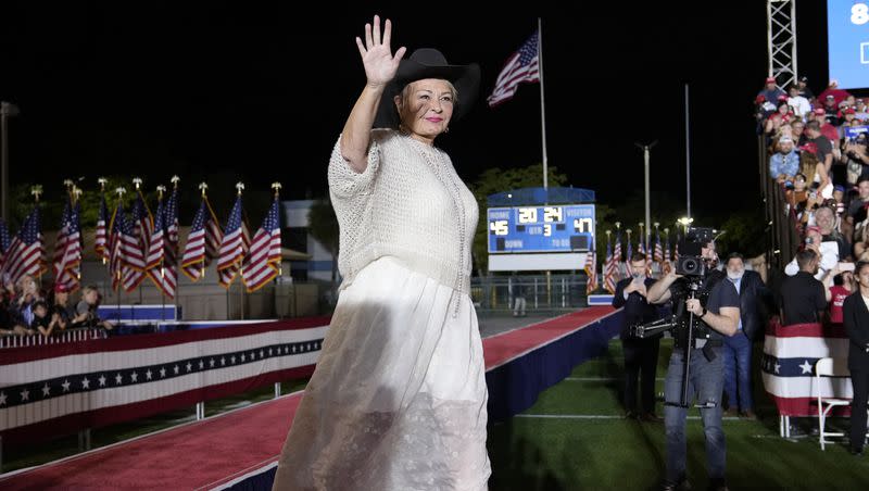 Actress and author Roseanne Barr arrives to attend a campaign rally for former President Donald Trump in Hialeah, Fla., on Nov. 8, 2023.