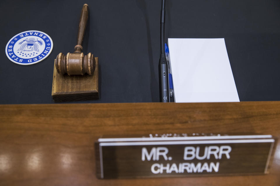 The gavel and placard for Senate Intelligence Committee Chairman Richard Burr